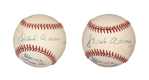 Lot of (2) Hank Aaron and Al Downing Dual Signed Jackie Robinson Anniversary Baseballs